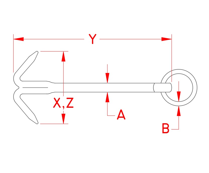 Stainless Steel Small Boat Hook Anchor, S7601-0, Line Drawing Stainless Steel Small Boat Hook Anchor, S7601-0, Line Drawing